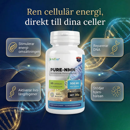Nutriop PURE-NMN 500 mg kapslar – ren cellulär energi: stimulerar energiomsättningen, reparerar DNA, aktiverar livslängdsgener och stödjer hjärnhälsan