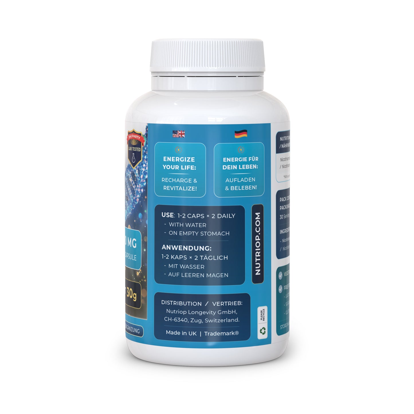 Nutriop Longevity® Pure-NMN Nicotinamide Mononucleotide Extreme Potency 500mg Capsules (x60) - 30 Grams