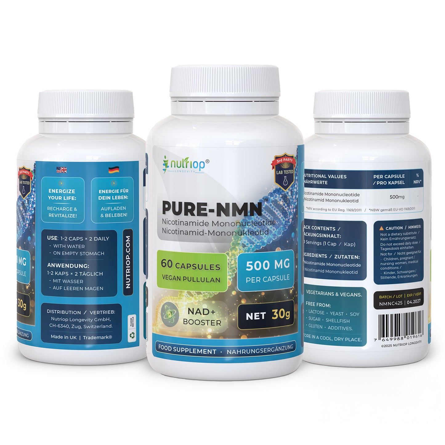 Nutriop Longevity® Pure-NMN Nicotinamide Mononucleotide Extreme Potency 500mg Capsules (x60) - 30 Grams