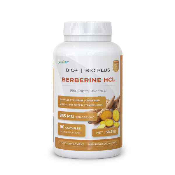 Nutriop Longevity® Bio-Enhanced Berberine HCL cu Piperină organică pură și extract de semințe de struguri - 865mg per porție (x45)