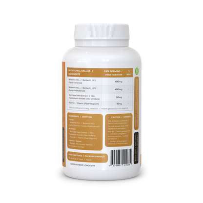 Nutriop Longevity® Bio-Enhanced Berberine HCL with Pure Organic Piperine and Grape Seed Extract - 865mg per serving (x45)