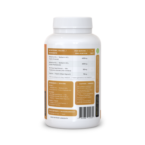 Image of Nutriop Longevity® Bio-Enhanced Berberine HCL med ren organisk piperin och druvkärneextrakt - 865 mg per portion (x45)