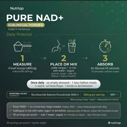 Nutriop Longevity® PURE-NAD+, Nicotinamide Adenine Dinucleotide - Polvere sublinguale ad altissima potenza - 16 grammi