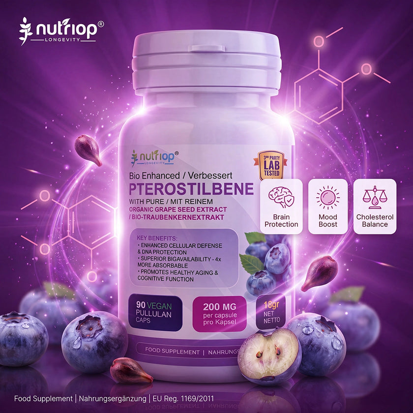 Nutriop® พีโตรสทิลบีน Extreme + สารสกัดจากเมล็ดองุ่น — ตัวกระตุ้น SIRT1 ที่ดูดซึมได้ดี (90 แคปซูล)