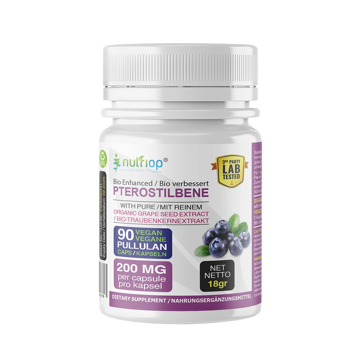 Nutriop® Pterostilbene Extreme + druvkärnextrakt — SIRT1-aktivator med hög absorption (90 kapslar)