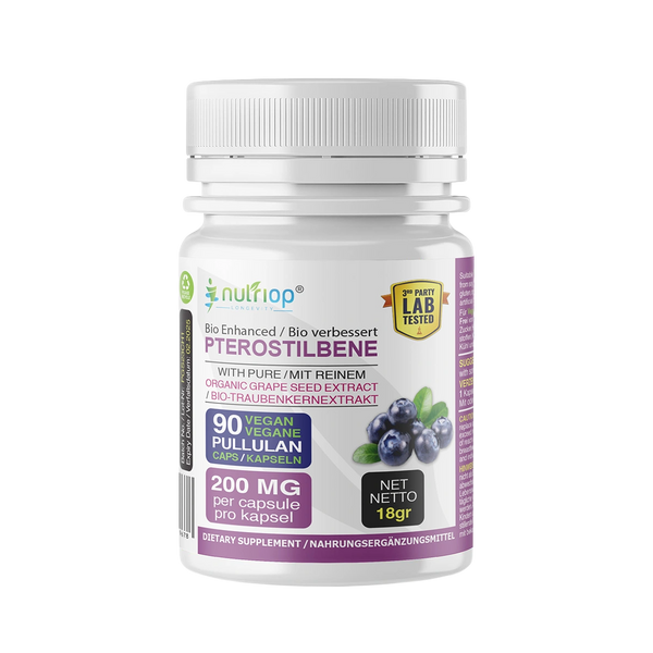 Nutriop® Pterostilbene Extreme + druekjerneekstrakt — SIRT1-aktivator med høy absorpsjon (90 kapsler)