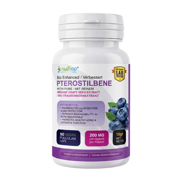 Nutriop® Pterostilbeno Extreme + Extracto de semilla de uva — Activador de SIRT1 de alta absorción (90 cápsulas)