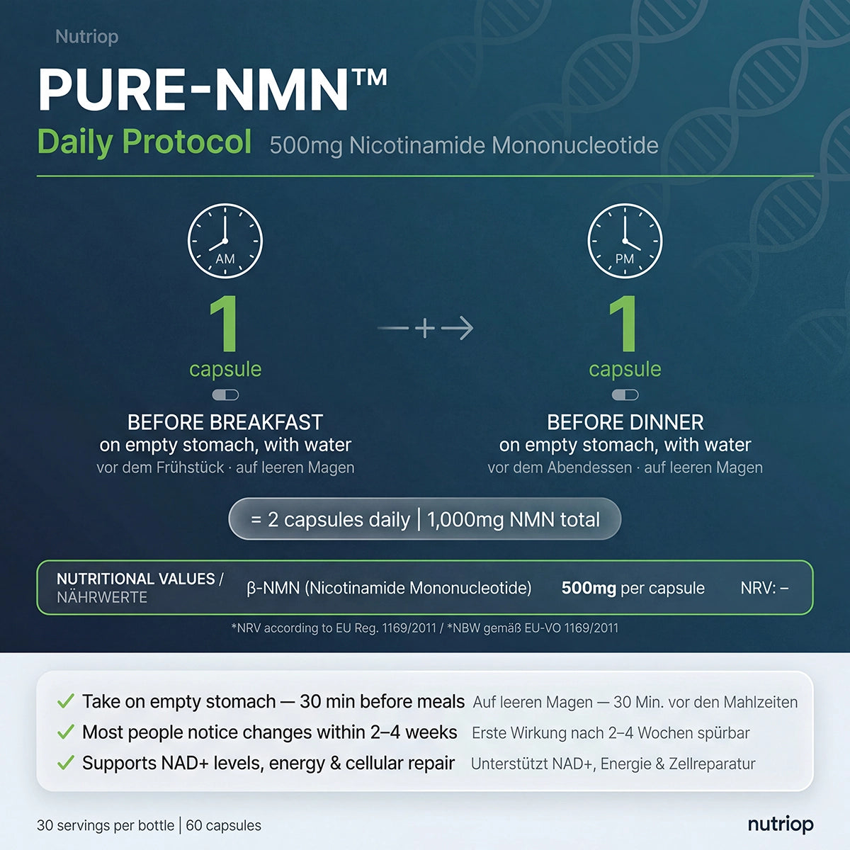 Nutriop Longevity® Pure-NMN Nicotinamide Mononucleotide Extreme Potency 500mg Capsules (x60) - 30 Grams