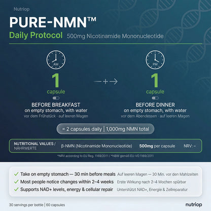 Nutriop Longevity® Pure-NMN Nicotinamide Mononucleotide Extreme Potency 500mg Capsules (x60) - 30 Grams