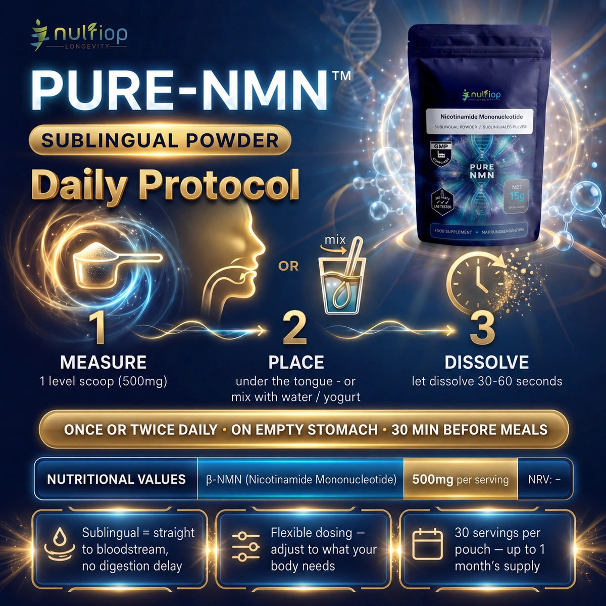 Nutriop® Pure NMN Sublingual Powder - Direct NAD+ Precursor (15g)