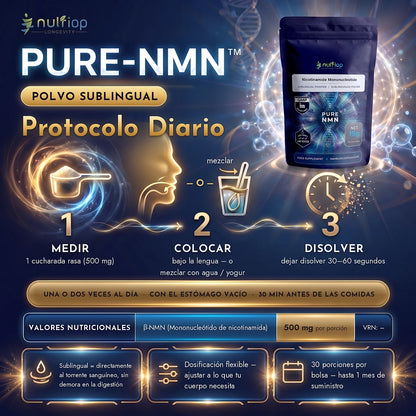Pure-NMN™ polvo sublingual 15 g – protocolo diario: 1 cucharada rasa (500 mg) bajo la lengua o mezclada con agua o yogur, dejar disolver 30–60 segundos. Una o dos veces al día, con el estómago vacío, 30 min antes de las comidas. 30 porciones por bolsa.