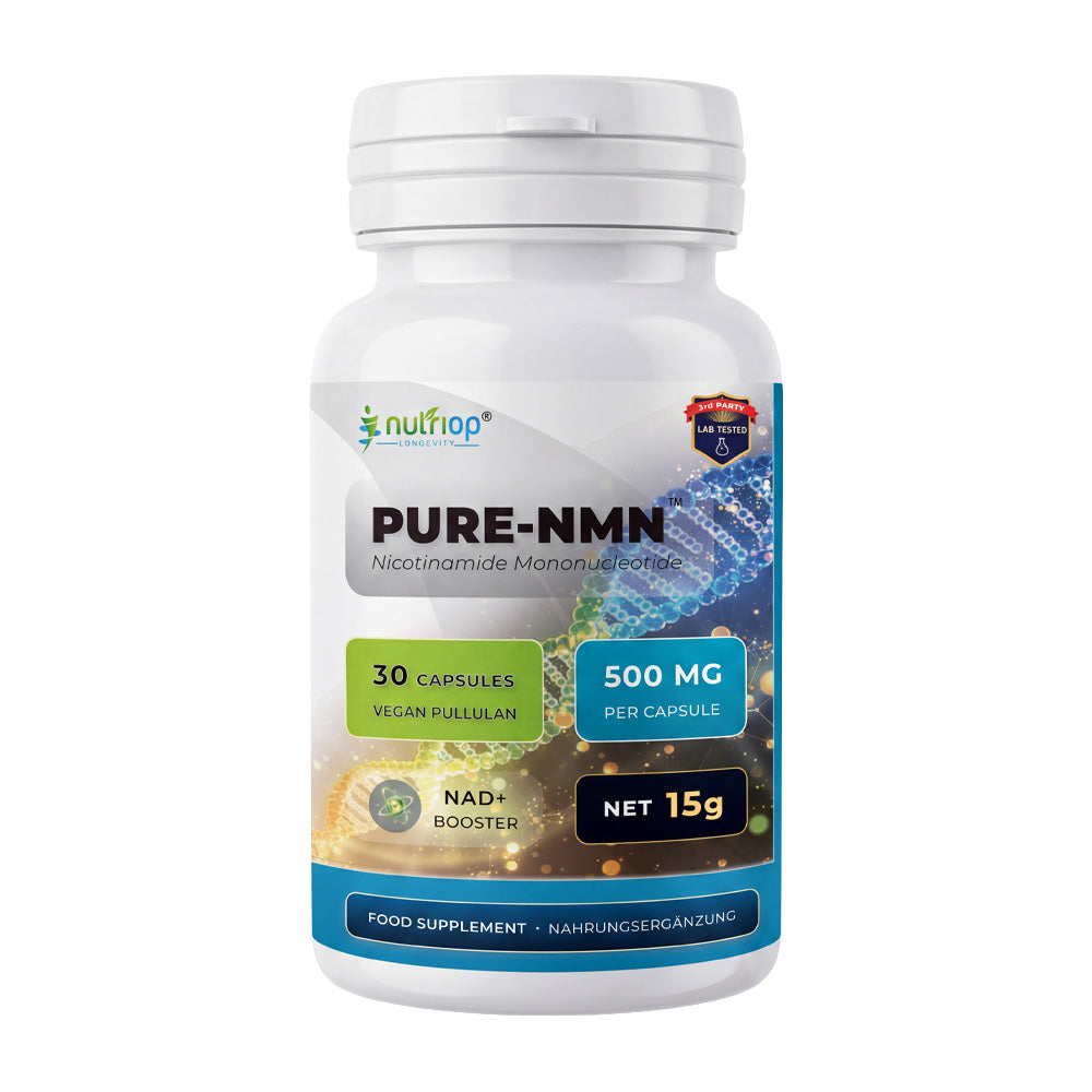 Nutriop Longevity® Pure-NMN Mononucleótido de Nicotinamida de Potência Extrema Cápsulas de 500 mg (x30) - 15 Gramas