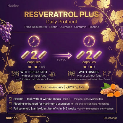 Nutriop® Resveratrol PLUS - Combinación avanzada de senolíticos y polifenoles (60 cápsulas)