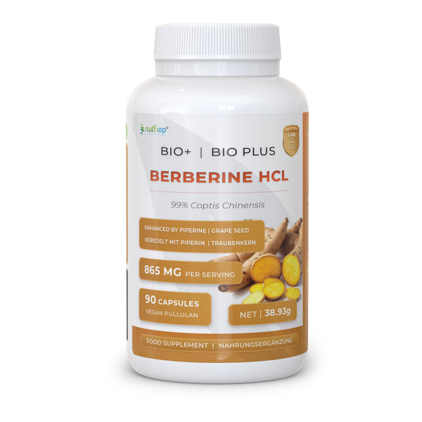 Nutriop Longevity® Bio-Enhanced Berberine HCL cu Piperină organică pură și extract de semințe de struguri - 865mg per porție (x45)