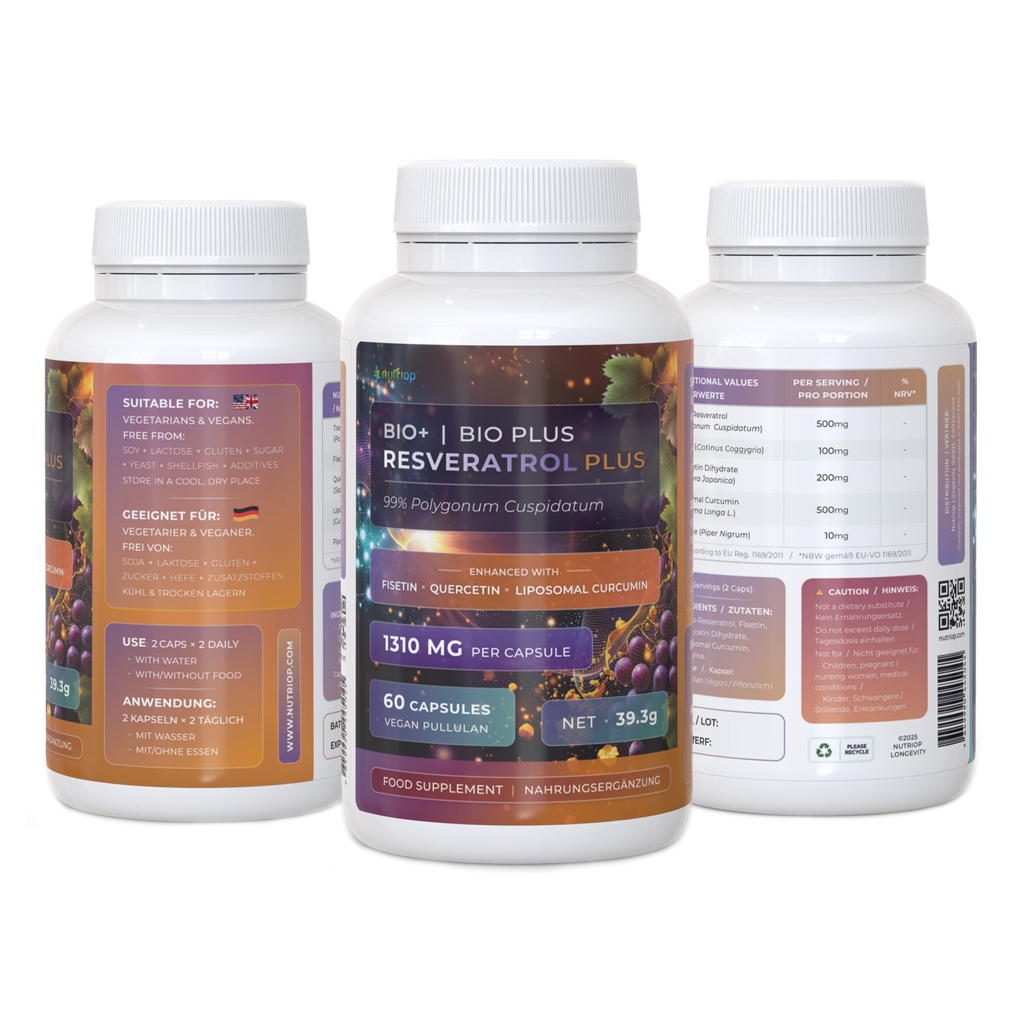 Bio-Enhanced Nutriop Longevity® Resveratrol PLUS with Pure Quercetin, Fisetin, Curcumin and Piperine - 1310mg per serving (x30)