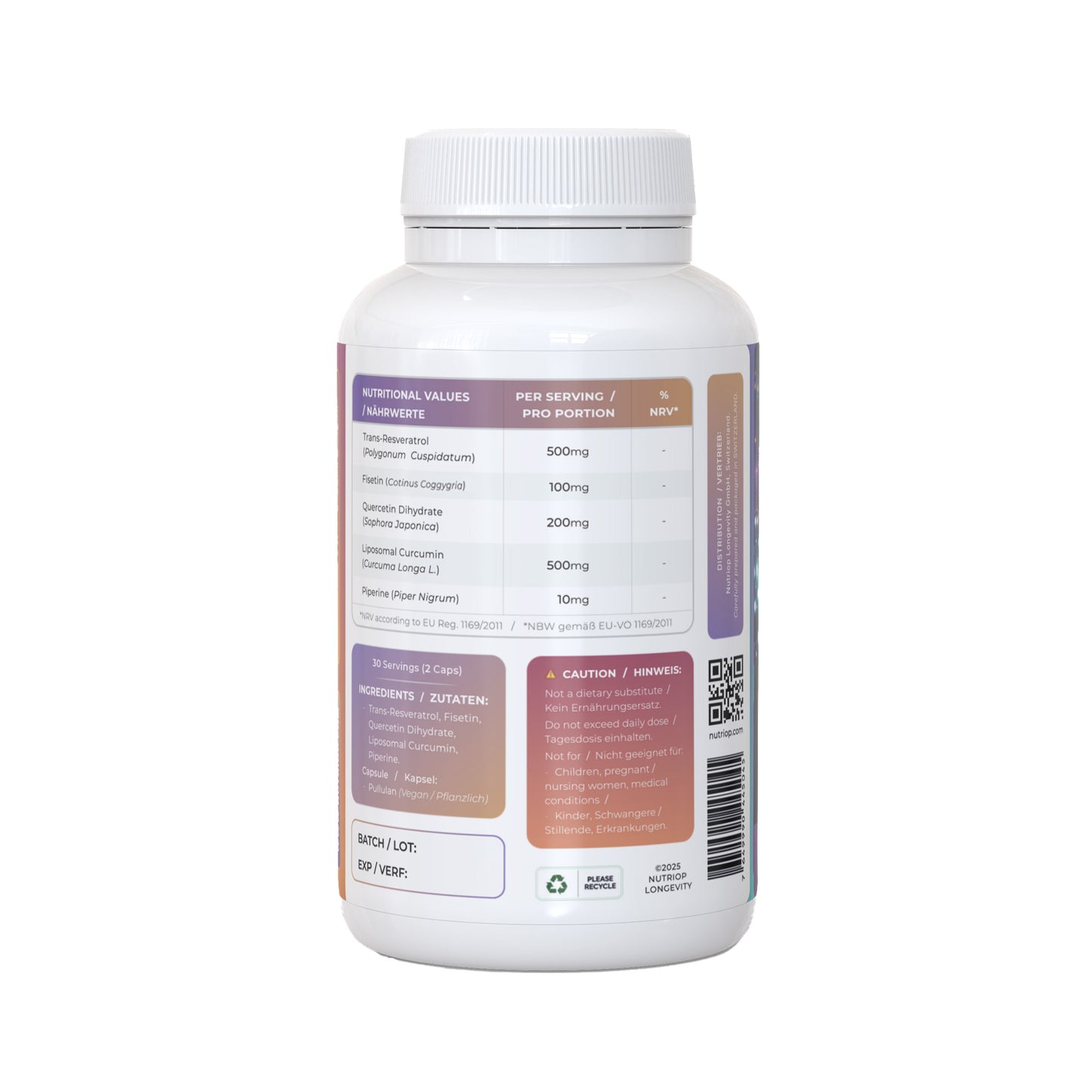 Bio-Enhanced Nutriop Longevity® Resveratrol PLUS with Pure Quercetin, Fisetin, Curcumin and Piperine - 1310mg per serving (x30)