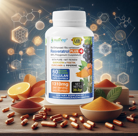 Image of Bio-Enhanced Nutriop Longevity® Resveratrol PLUS avec Pure Quercétine, Fisetine, Curcumine et Pipérine - 1310mg par portion (x30)