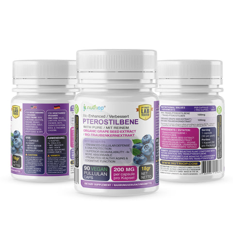 Image of Nutriop Longevity® Pterostilbene Extreme with 100% Pure Organic Grape Seed Extract - 100mg Capsules (x90)