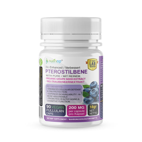 Image of Nutriop Longevity® Pterostilbene Extreme with 100% Pure Organic Grape Seed Extract - 100mg Capsules (x90)