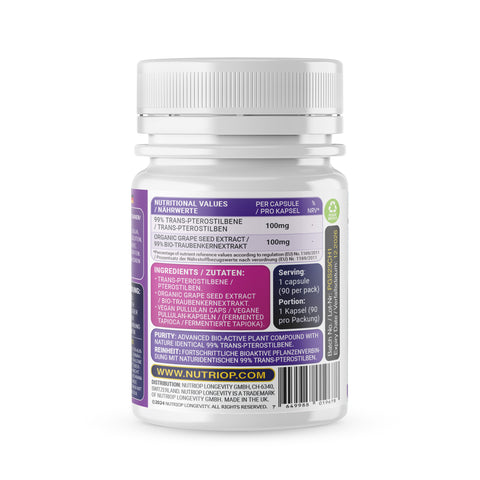 Image of Nutriop Longevity® Pterostilbene Extreme med 100 % ren organisk druekjerneekstrakt - 100 mg kapsler (x90)