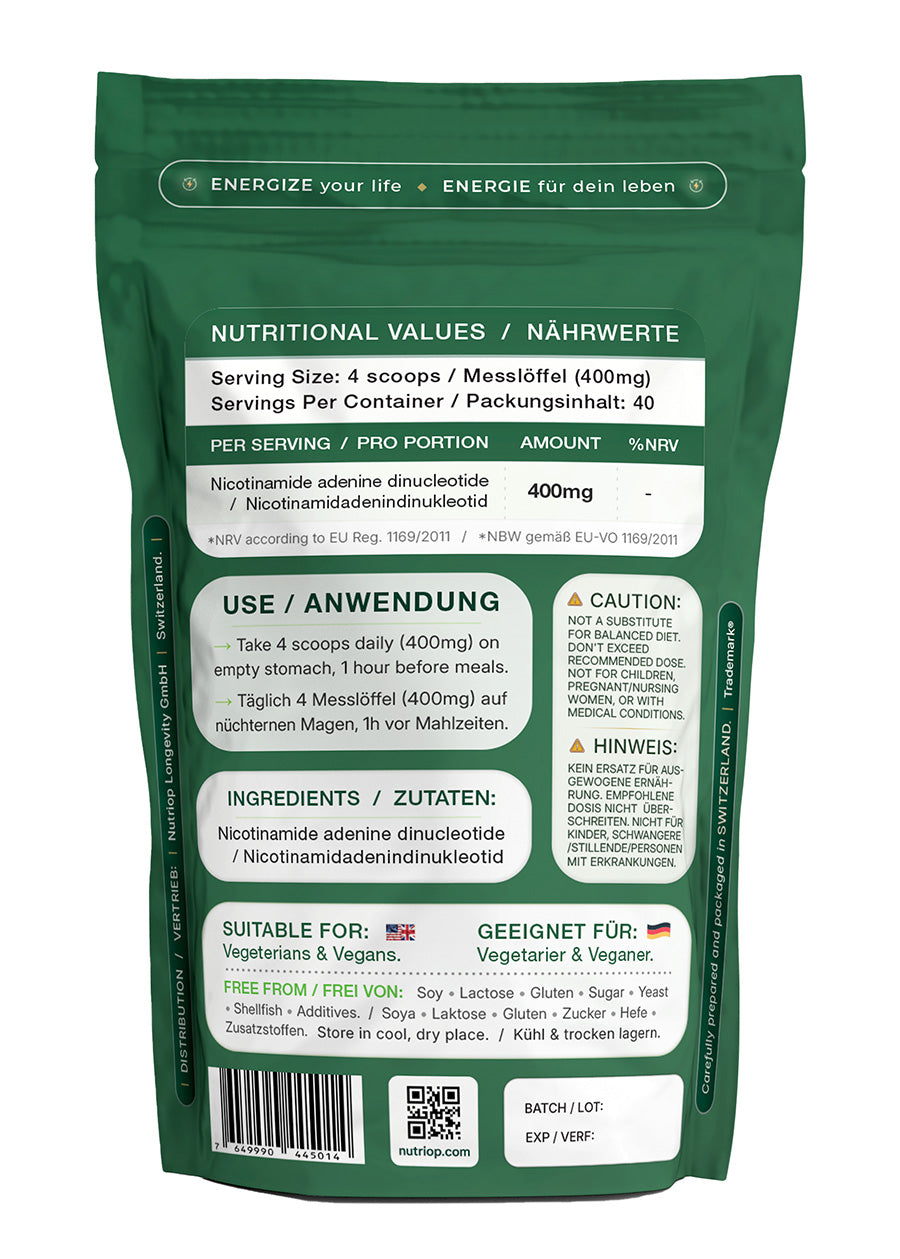 Nutriop Longevity® PURE-NAD+, Nicotinamide Adenine Dinucleotide - Extreme Potency sublingual powder -16 grams