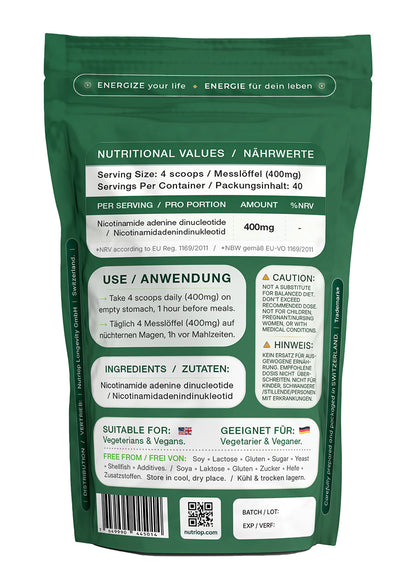 Nutriop Longevity® PURE-NAD+, Nicotinamide Adenine Dinucleotide - Extreme Potency sublingual powder -16 grams