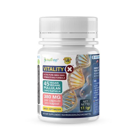 Image of Fórmula de máxima potencia con NMNH ultra puro y NAD+ Nutriop Longevity® Vitality-X™ | 380 mg x 45 cápsulas de longevidad | 17,10 g