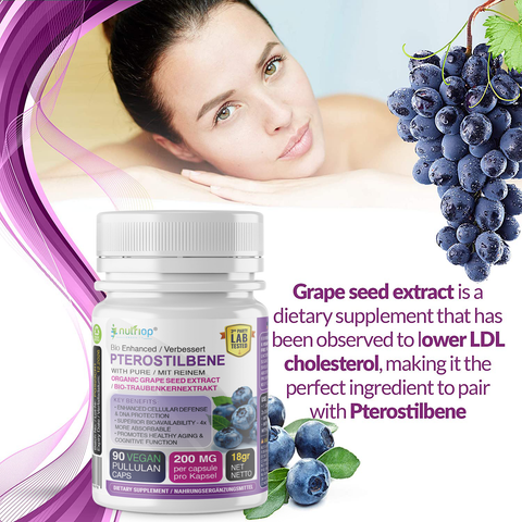 Image of Nutriop Longevity® Pterostilbene Extrême avec Extrait de Pépins de Raisin 100% Pur et Biologique - Capsules de 100mg (x90)