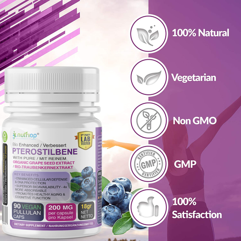 Image of Nutriop Longevity® Pterostilbene Extreme mit 100% reinem Bio-Traubenkernextrakt - 100mg Kapseln (x90)