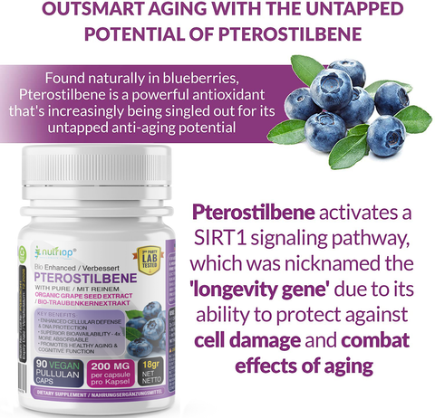 Image of Nutriop Longevity® Pterostilbene Extrême avec Extrait de Pépins de Raisin 100% Pur et Biologique - Capsules de 100mg (x90)