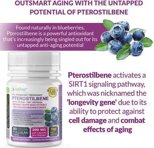 Nutriop Longevity® Pterostilbene Extrême avec Extrait de Pépins de Raisin 100% Pur et Biologique - Capsules de 100mg (x90)