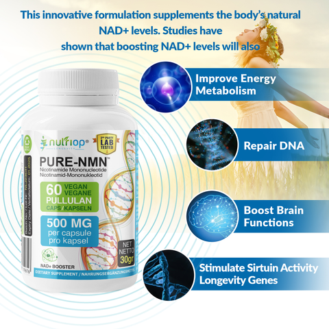 Image of Nutriop Longevity® Pure-NMN Nicotinamid-Mononukleotid Extreme Potenz 500mg Kapseln (x60) - 30 Gramm