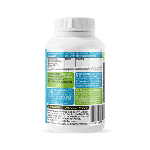 Image of Nutriop Longevity® Pure-NMN Nicotinamida Mononucleótido Potência Extrema 500mg Cápsulas (x60) - 30 Gramas