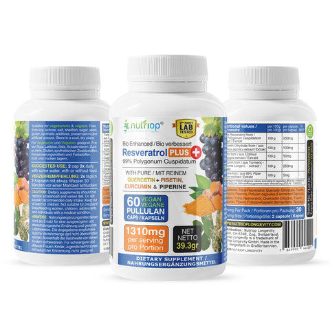 Image of Bio-Enhanced Nutriop Longevity® Resveratrol PLUS con Quercetina Pura, Fisetina, Curcumina y Piperina - 1310mg por porción (x30)