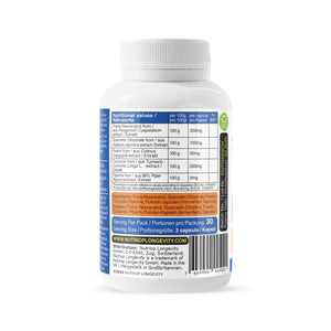 Bio-Enhanced Nutriop Longevity® Resveratrol PLUS med ren quercetin, fisetin, curcumin og piperin - 1310 mg per porsjon (x30)