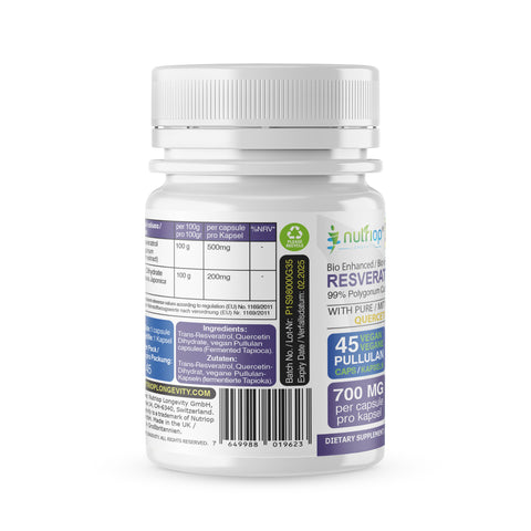 Image of Bio-Enhanced Nutriop Longevity® Resvératrol avec Pure Quercétine - Capsules de 500mg (x45)