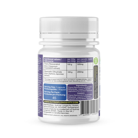 Image of Bio-Enhanced Nutriop Longevity® Resvératrol avec Pure Quercétine - Capsules de 500mg (x45)