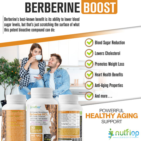 Image of Nutriop Longevity® Bio-Enhanced Berberine HCL with Pure Organic Piperine and Grape Seed Extract - 865mg per serving (x45)