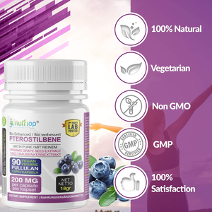 Nutriop Longevity® Pterostilbene Extreme com Extrato de Semente de Uva Orgânico Puro a 100% - Cápsulas de 100mg (x90)